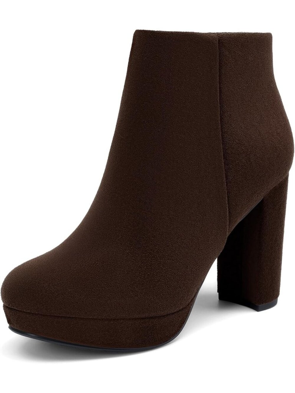 Women's Brown Faux Suede Stomp High Heel Classic Round Toe Inside Zip Ankle Boot